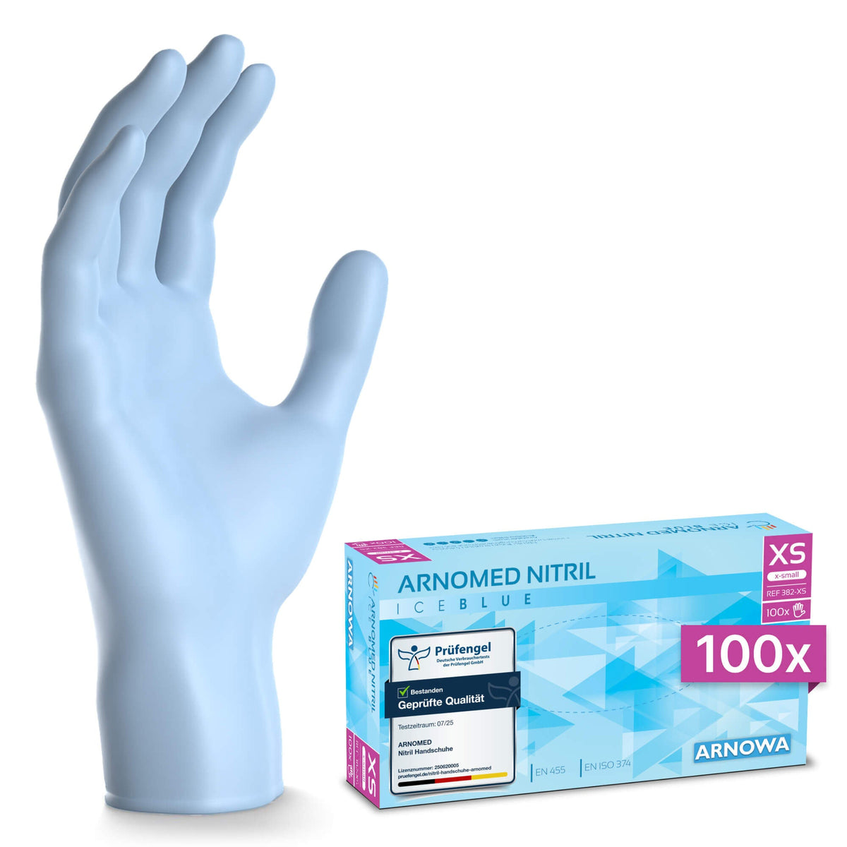 Lyseblå ARNOMED Ice Blue nitrilhandske og æske med 100 stk.