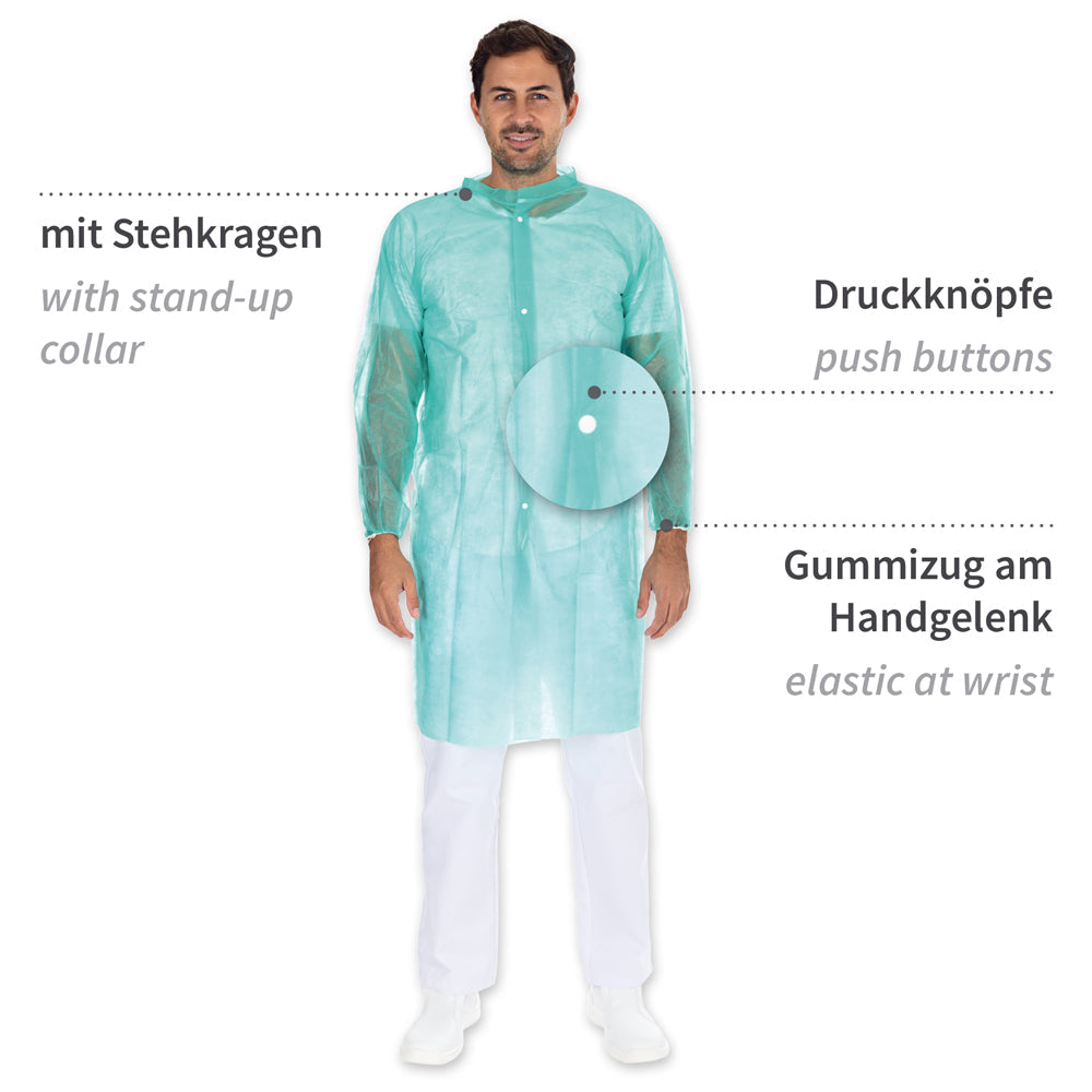 Hygonorm Besøgendes kjole, let, med trykknapper og opretstående krave | PP