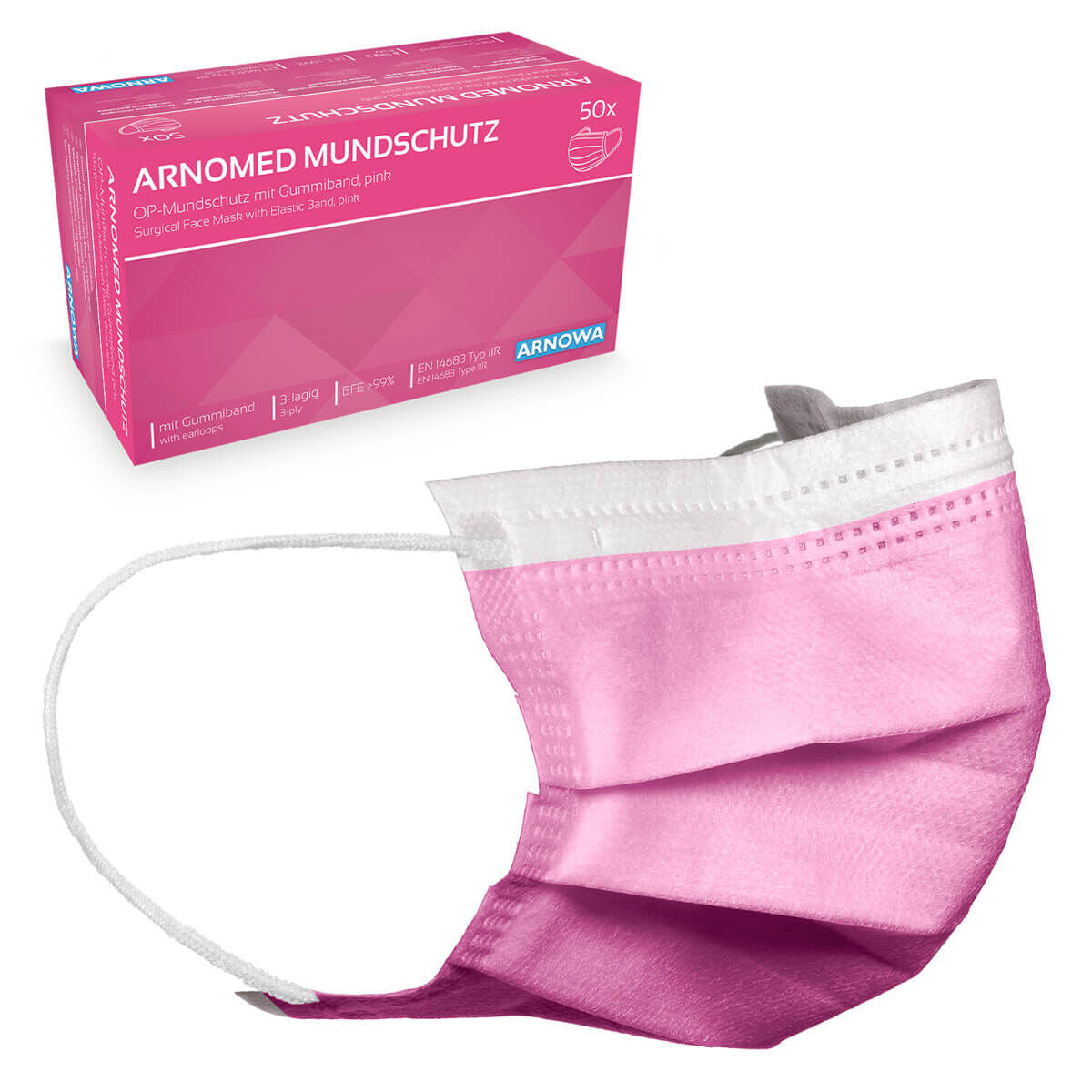 ARNOMED Type IIR Kirurgisk Ansigtsmaske - Kirurgisk Ansigtsmaske med Elastik | Pink