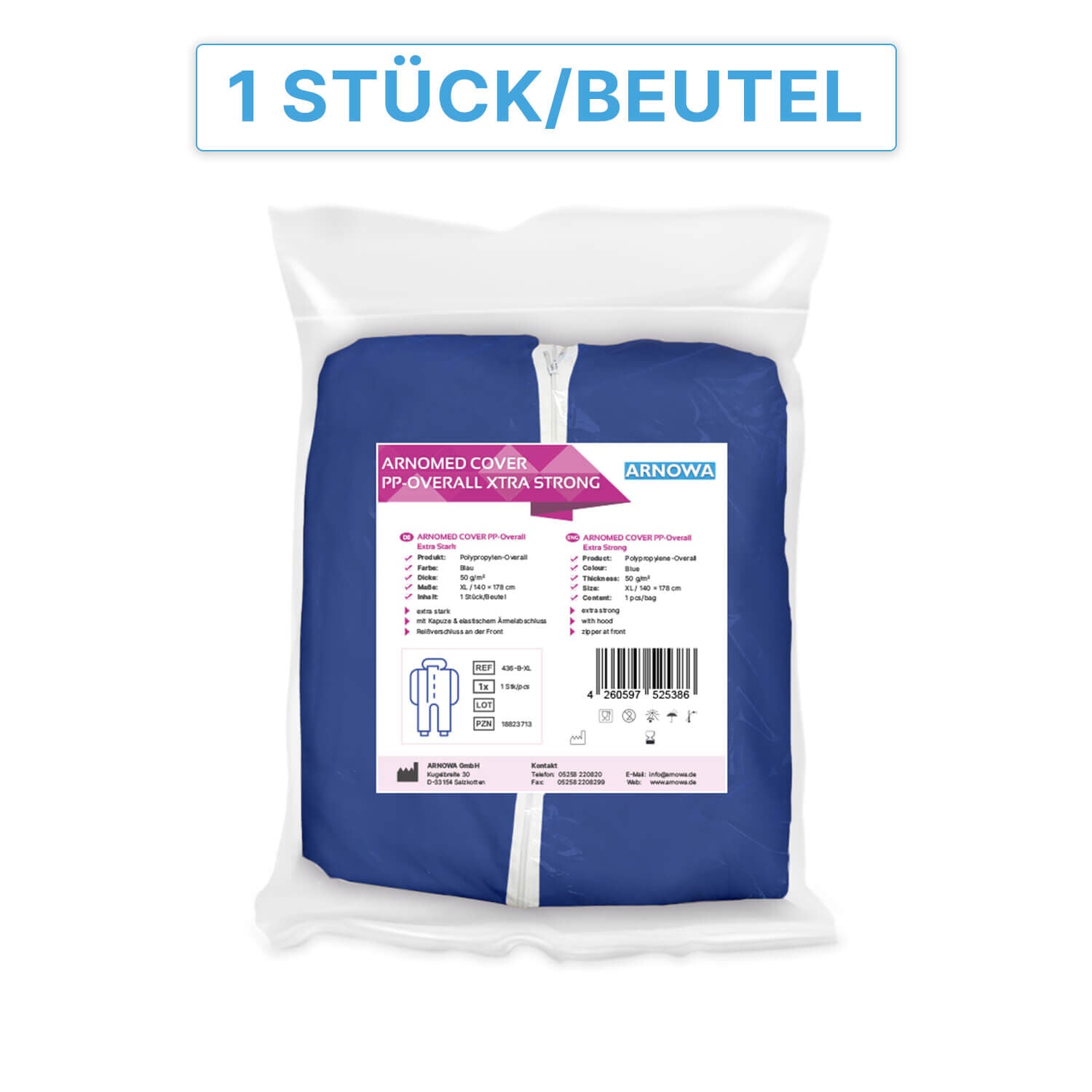 ARNOMED BETRÆK PP-OVERALL EKSTRA STÆRK | Med Hætte | Blå/Hvid