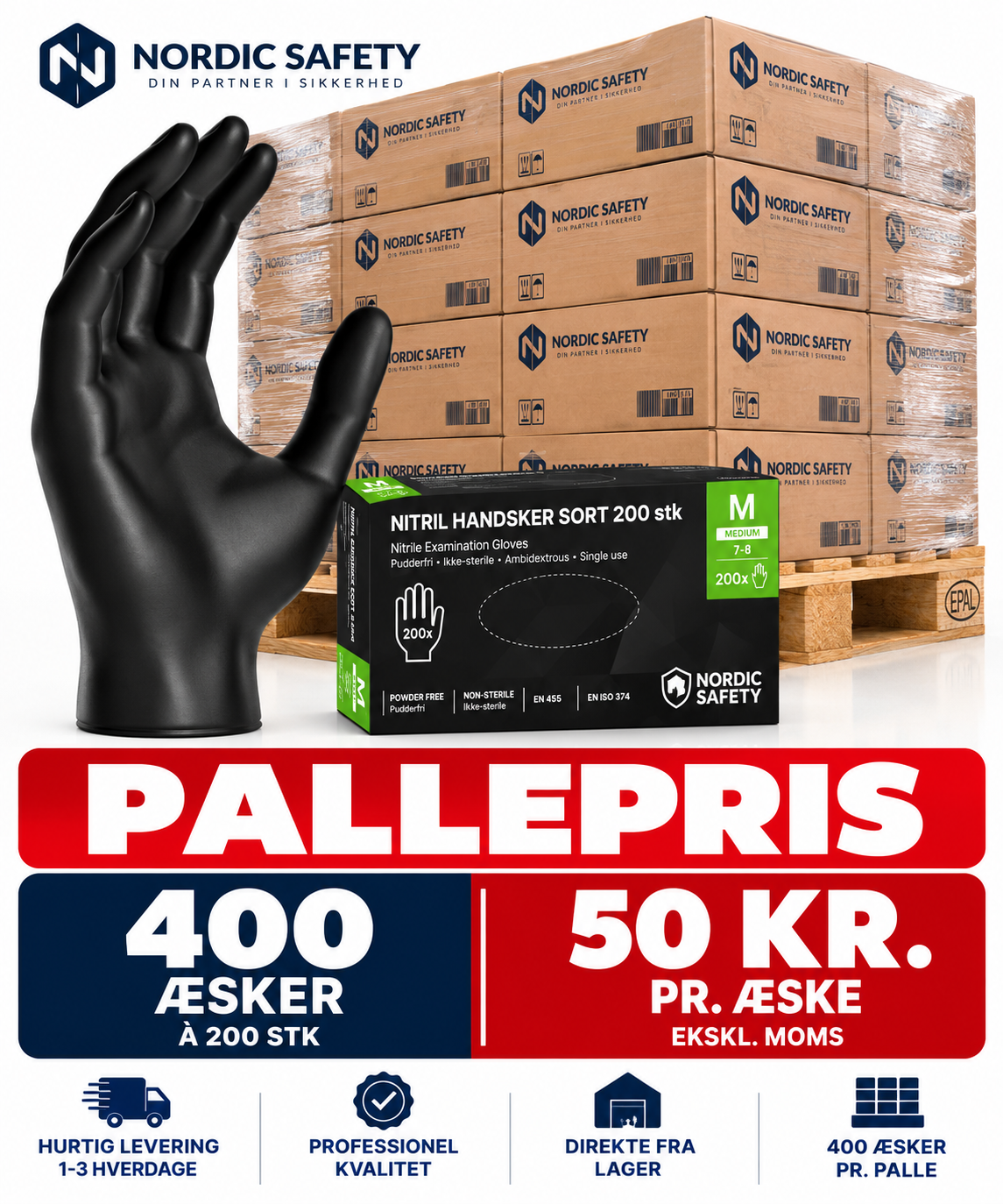 PALLEPRIS – Nitril engangshandsker 5 g – 200 stk – 400 æsker – Nordic Safety
