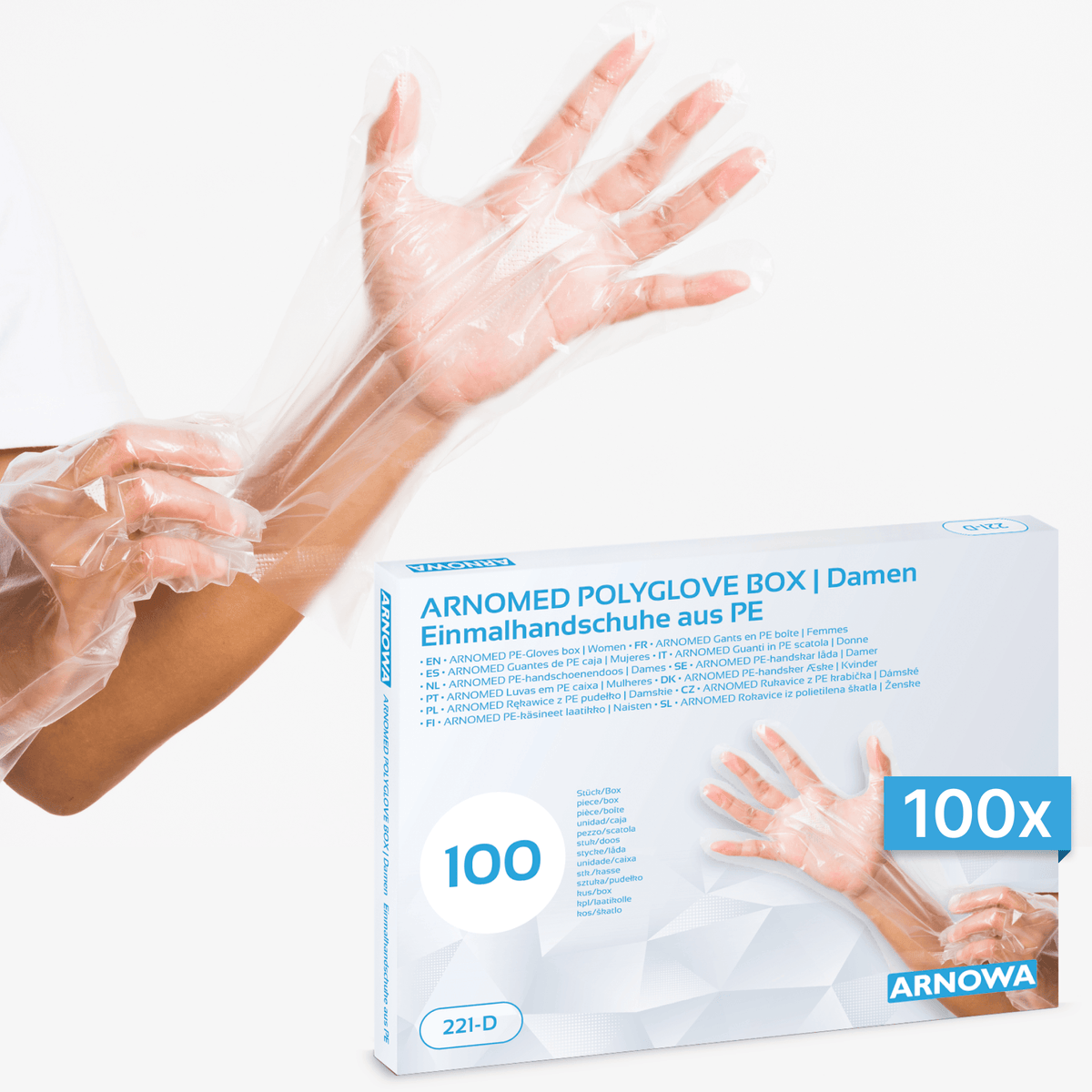ARNOMED POLYGLOVE PE-engangshandsker – æske med 100 stk. – 221-D