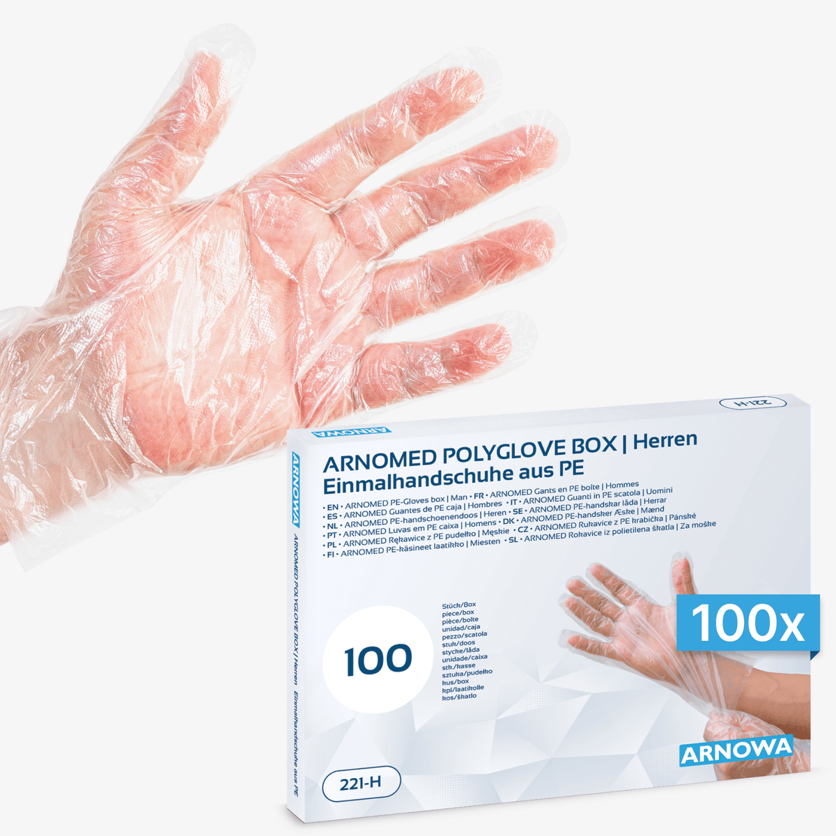 ARNOMED POLYGLOVE PE-engangshandsker – æske med 100 stk. – 221-H