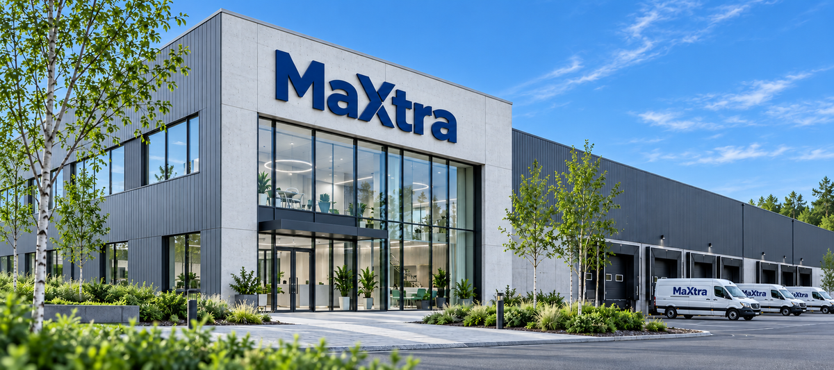 MaXtra-byggnad med blå himmel och tre vita leveransbilar