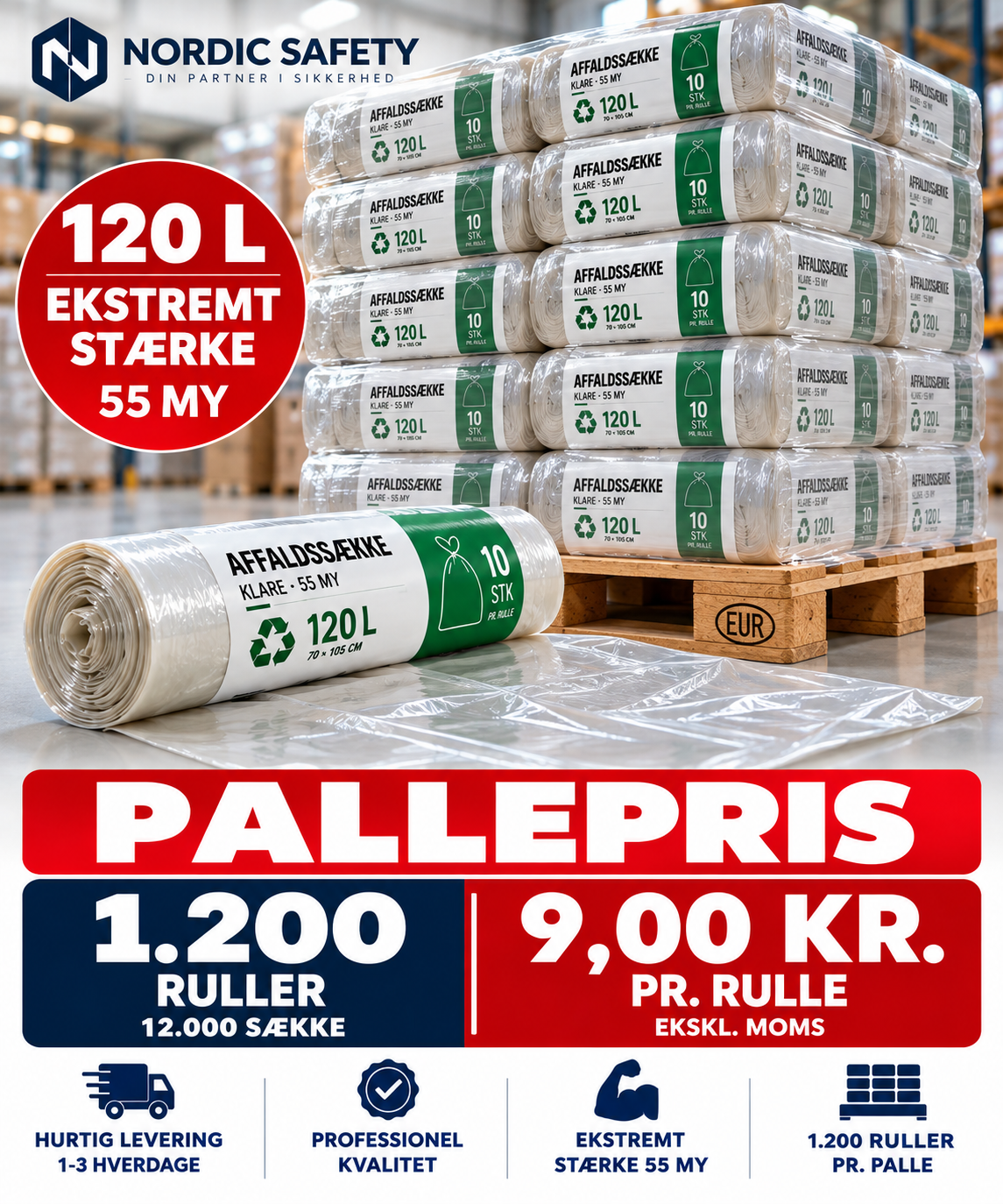 Pallepris – ekstremt stærke klare affaldssække 120 L 55 my – 1.200 ruller