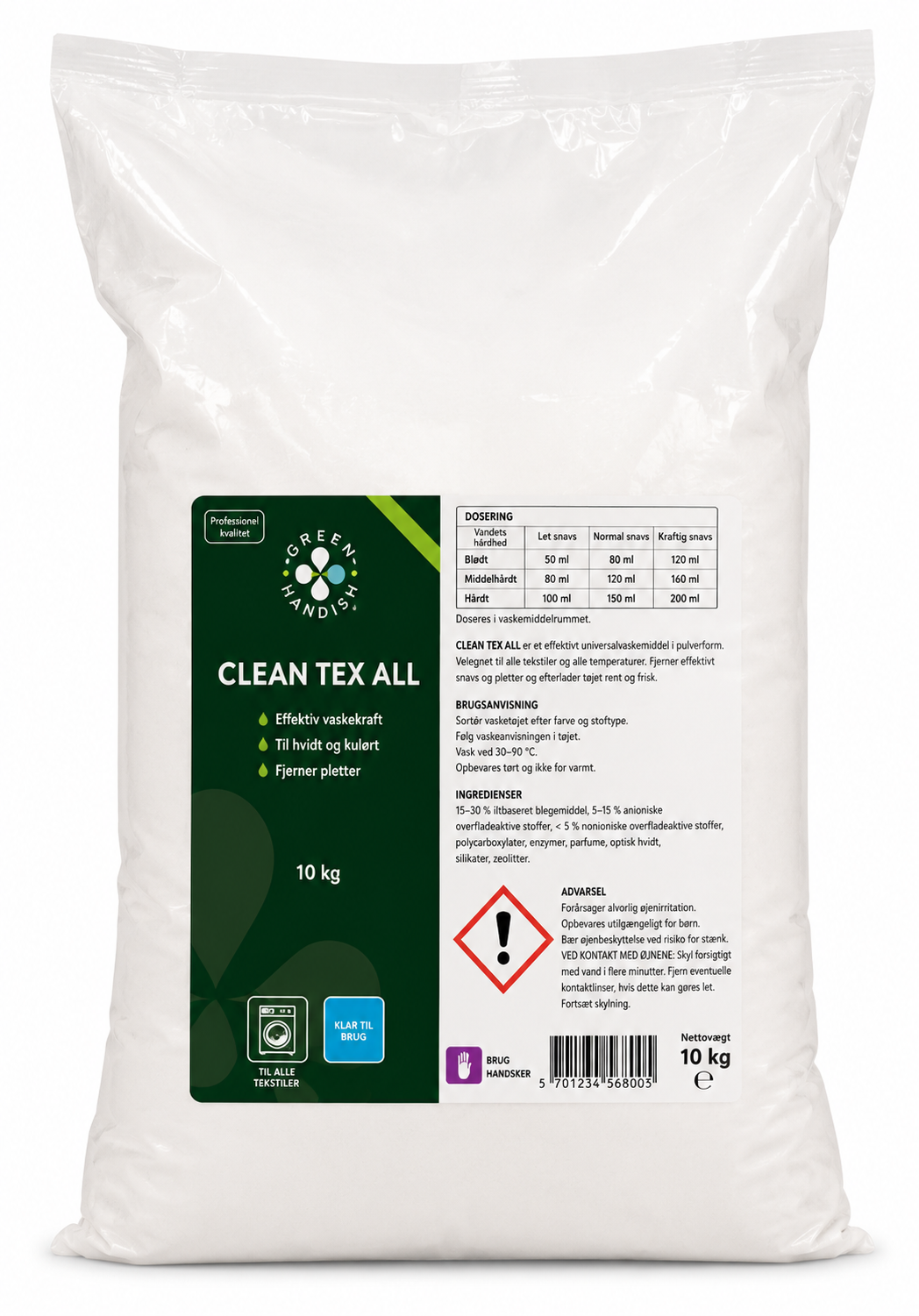 vaskepulver til daglig professionel brug 10 KG pose Clean Tex All UDEN PARFUME